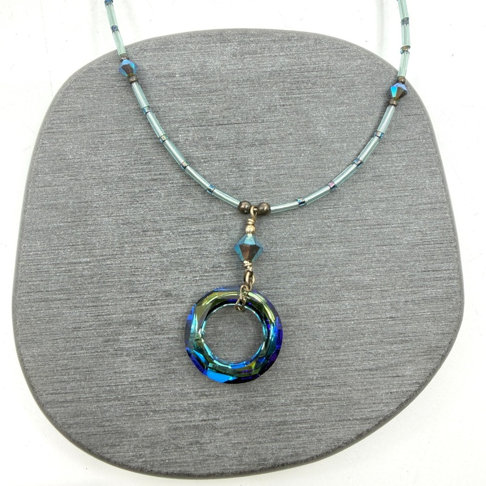 Iridescent Blue Crystal Circle Pendant Bugle Bead Necklace Butterfly Extender